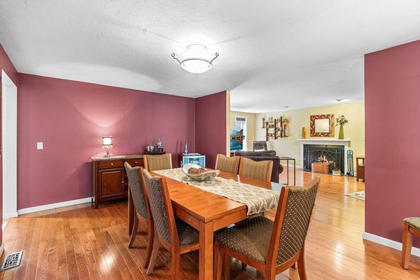 Dining room, Fireplace, Interior, Wood Texture Flooring