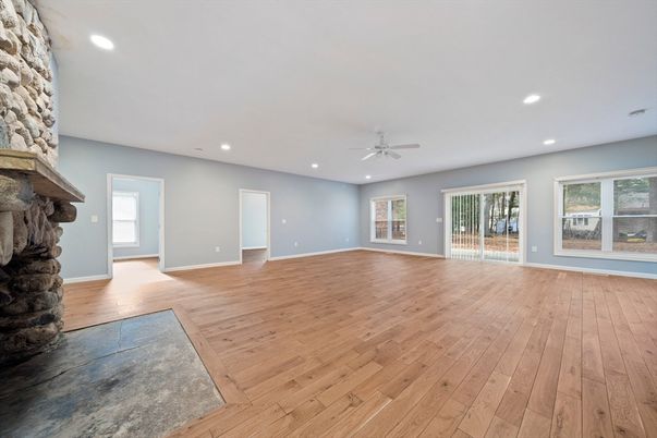Empty room, Fireplace, Interior, Recessed Lighting, Wood Texture Flooring