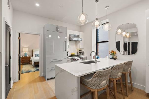 Bedroom, Interior, Kitchen, Pendant Lights, Recessed Lighting, Stainless Steel Appliances, Wood Texture Flooring