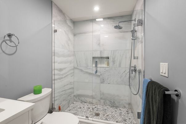 Bathroom, Glass Shower, Interior, Marble Walls, Recessed Lighting