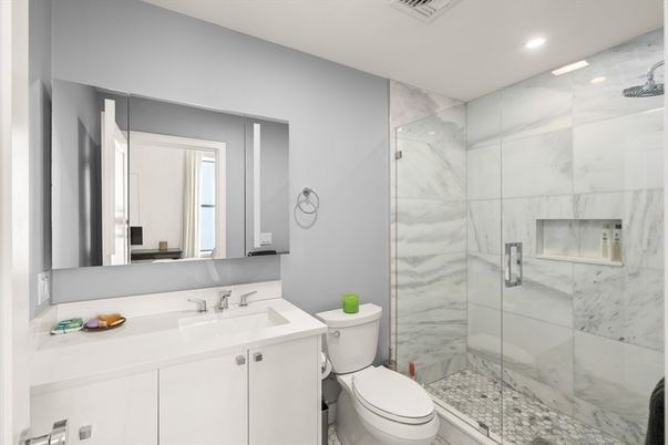Bathroom, Glass Shower, Interior, Marble Walls, Recessed Lighting