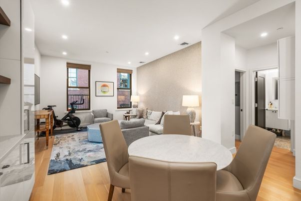Dining room, Fitness Equipment, Interior, Living room, Recessed Lighting, Wood Texture Flooring