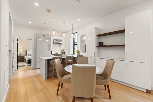 Dining room, Interior, Kitchen, Pendant Lights, Recessed Lighting, Stainless Steel Appliances, Wood Texture Flooring