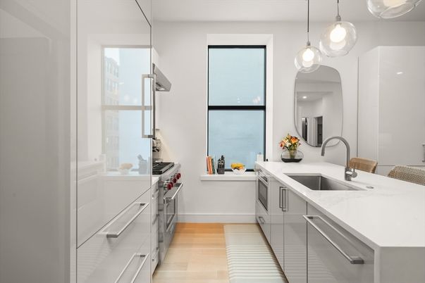 Interior, Kitchen, Pendant Lights, Stainless Steel Appliances, Wood Texture Flooring
