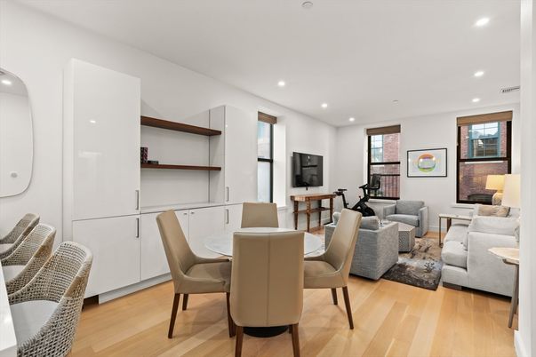 Dining room, Fitness Equipment, Interior, Living room, Recessed Lighting, Wood Texture Flooring