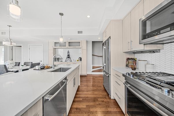 Interior, Kitchen, Pendant Lights, Recessed Lighting, Stainless Steel Appliances, Wood Texture Flooring