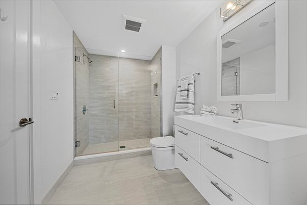 Bathroom, Glass Shower, Interior, Recessed Lighting
