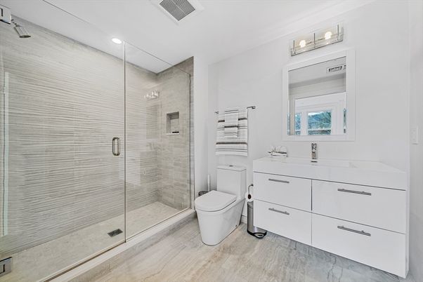 Bathroom, Glass Shower, Interior, Recessed Lighting