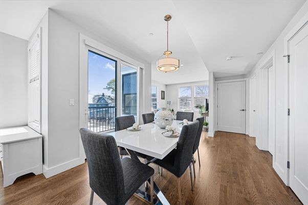 Dining room, Interior, Pendant Lights, Recessed Lighting, Wood Texture Flooring