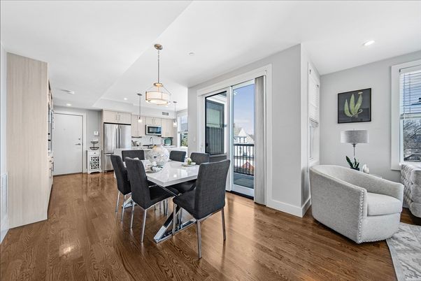 Dining room, Interior, Kitchen, Pendant Lights, Recessed Lighting, Stainless Steel Appliances, Wood Texture Flooring