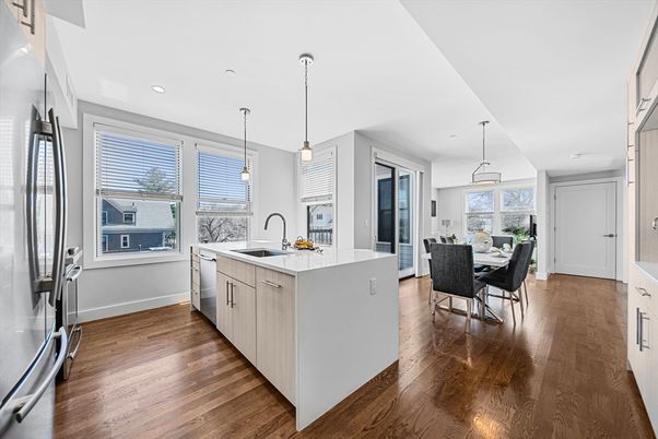 Dining room, Interior, Kitchen, Pendant Lights, Recessed Lighting, Stainless Steel Appliances, Wood Texture Flooring