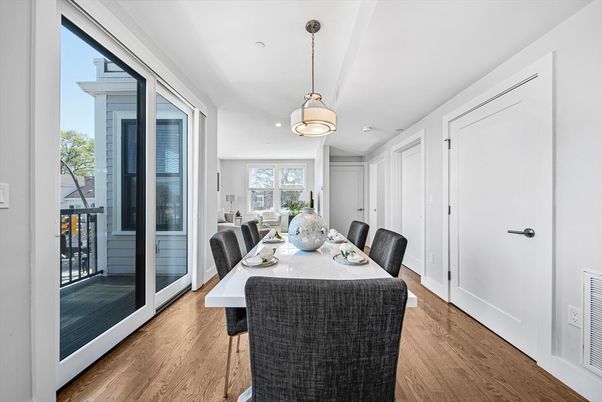 Dining room, Interior, Pendant Lights, Recessed Lighting, Wood Texture Flooring