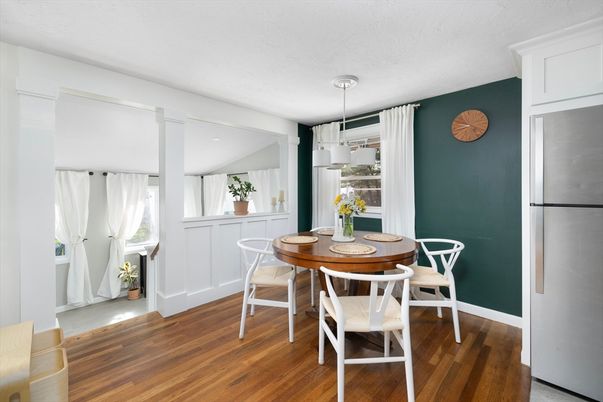 Dining room, Interior, Pendant Lights, Wood Texture Flooring