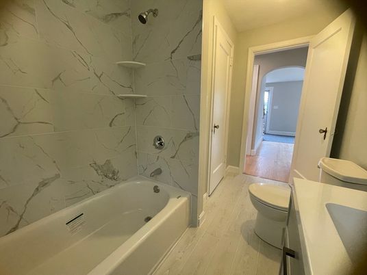 Bathroom, Interior, Marble Walls, Wood Texture Flooring
