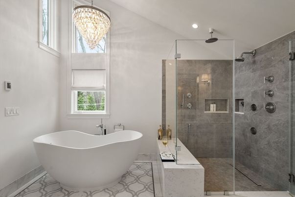 Bathroom, Chandelier, Free Standing Baths, Glass Shower, Interior, Marble, Recessed Lighting