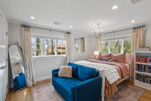 Bedroom, Chandelier, Interior, Recessed Lighting, Wood Texture Flooring