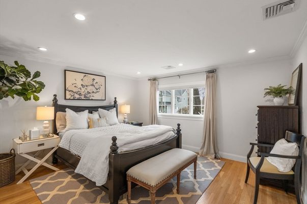 Bedroom, Interior, Recessed Lighting, Wood Texture Flooring