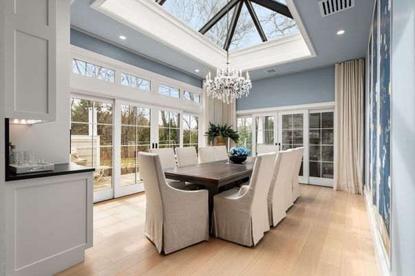 Chandelier, Dining room, Glass Ceilings, Interior, Recessed Lighting, Sun Room, Wood Texture Flooring