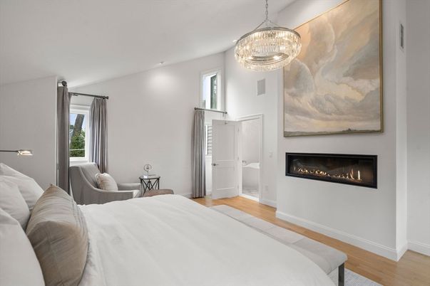 Bedroom, Chandelier, Fireplace, Interior, Wood Texture Flooring