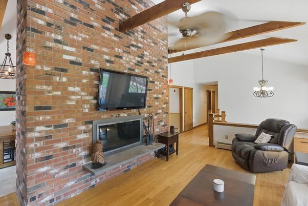 Fireplace, Interior, Pendant Lights, Stone Walls, Wooden Beams, Wood Texture Flooring