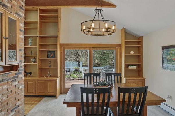 Chandelier, Dining room, Interior, Pendant Lights, Stone Walls, Wood Texture Flooring