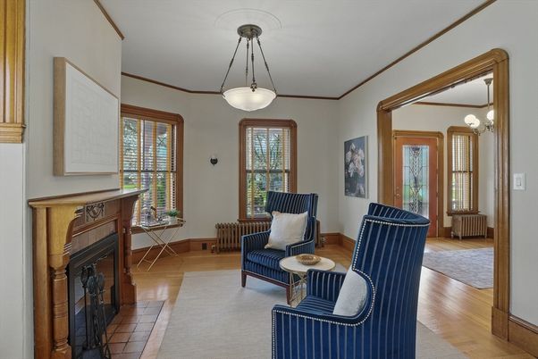 Fireplace, Interior, Pendant Lights, Wood Texture Flooring