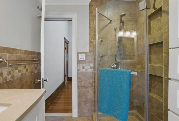 Bathroom, Glass Shower, Interior, Wood Texture Flooring