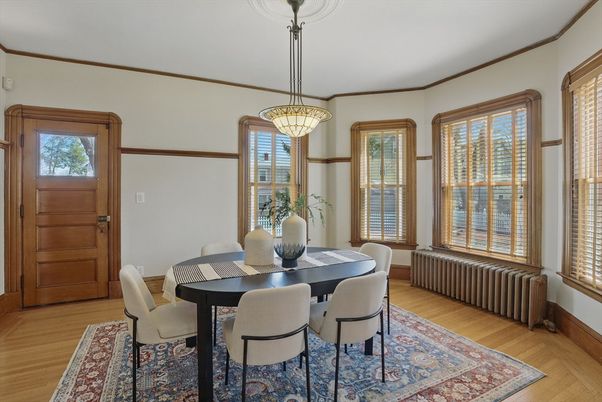 Dining room, Interior, Pendant Lights, Wood Texture Flooring