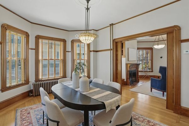 Dining room, Interior, Pendant Lights, Wood Texture Flooring