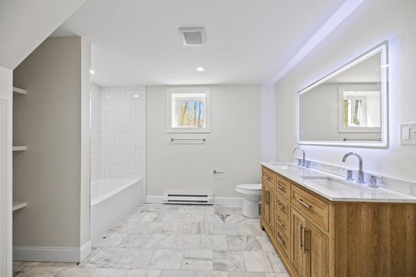 Bathroom, Dual Sink Vanities, Interior, Marble, Recessed Lighting