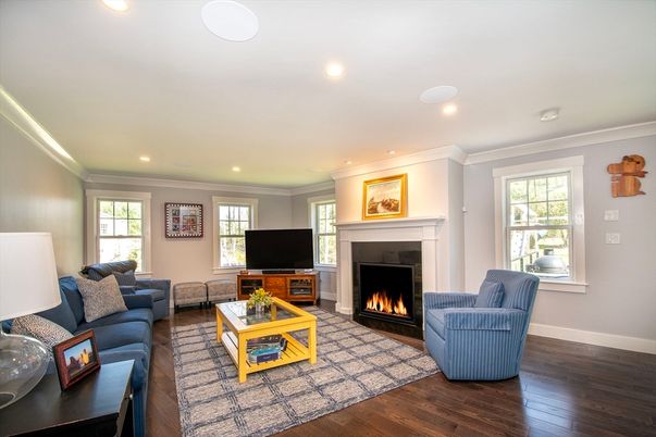 Fireplace, Interior, Living room, Recessed Lighting, Wood Texture Flooring