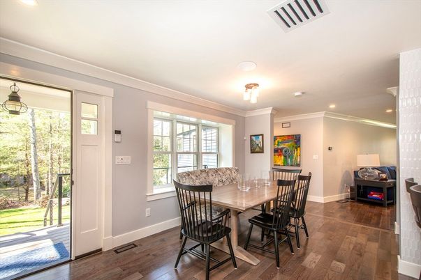 Dining room, Interior, Recessed Lighting, Wood Texture Flooring