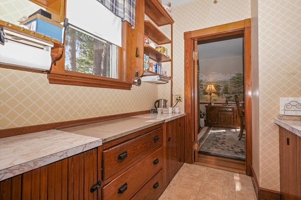 Interior, Kitchen, Tile Countertops, Wood Texture Flooring