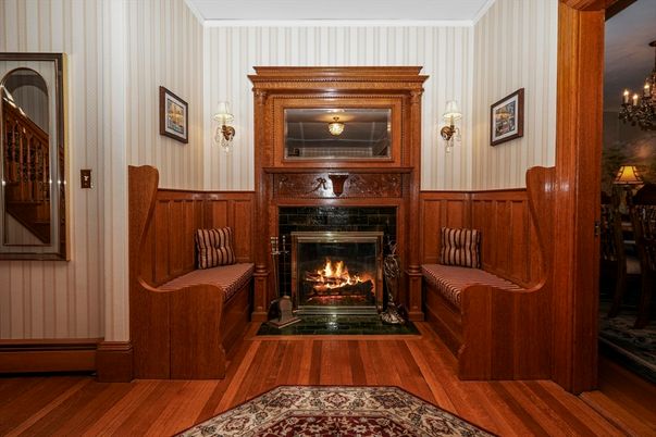 Chandelier, Fireplace, Interior, Wood Texture Flooring, Wooden Walls