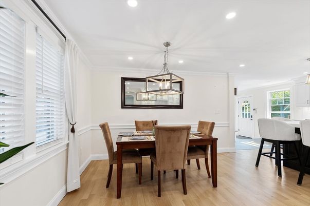 Dining room, Interior, Pendant Lights, Recessed Lighting, Wood Texture Flooring