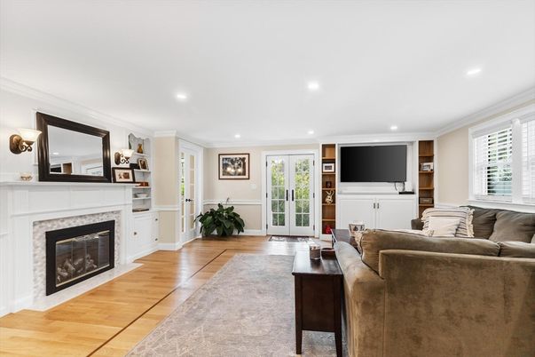 Fireplace, Interior, Living room, Recessed Lighting, Wood Texture Flooring