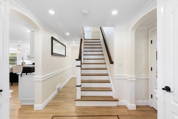 Dining room, Interior, Pendant Lights, Recessed Lighting, Wood Texture Flooring