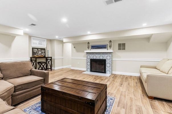 Fireplace, Interior, Living room, Recessed Lighting, Wood Texture Flooring