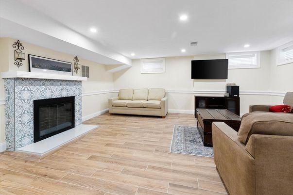 Fireplace, Interior, Living room, Recessed Lighting, Wood Texture Flooring