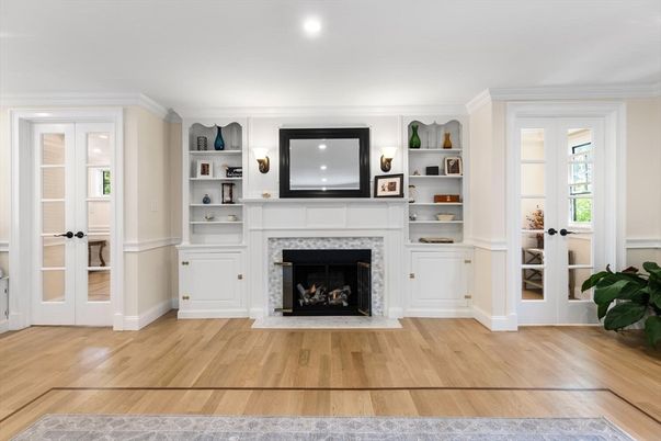 Fireplace, Interior, Recessed Lighting, Wood Texture Flooring