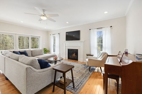 Fireplace, Interior, Living room, Recessed Lighting, Wood Texture Flooring