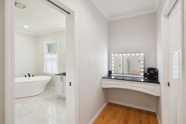 Bathroom, Free Standing Baths, Interior, Marble, Recessed Lighting, Wood Texture Flooring