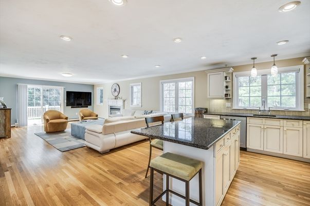 Fireplace, Interior, Kitchen, Living room, Pendant Lights, Recessed Lighting, Wood Texture Flooring