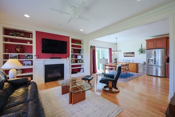 Dining room, Fireplace, Interior, Kitchen, Living room, Pendant Lights, Recessed Lighting, Stainless Steel Appliances, Wood Texture Flooring