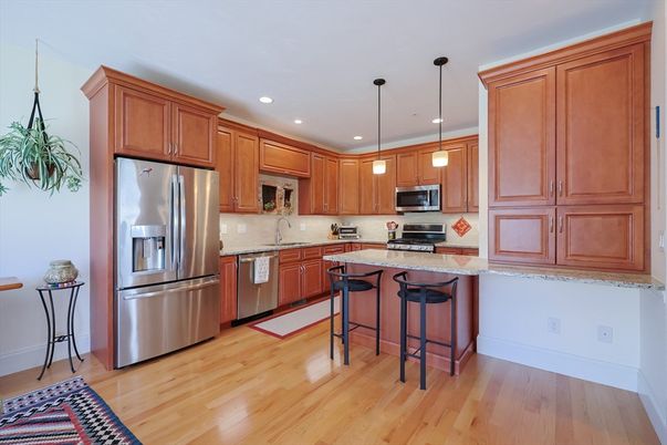 Interior, Kitchen, Pendant Lights, Recessed Lighting, Stainless Steel Appliances, Wood Texture Flooring