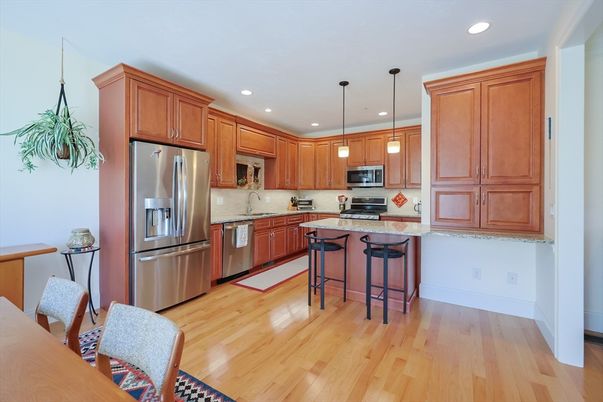 Interior, Kitchen, Pendant Lights, Recessed Lighting, Stainless Steel Appliances, Wood Texture Flooring