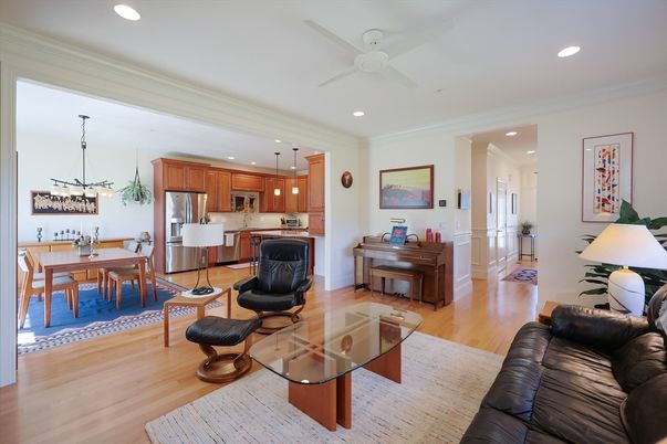 Dining room, Interior, Kitchen, Living room, Pendant Lights, Piano, Recessed Lighting, Stainless Steel Appliances, Wood Texture Flooring