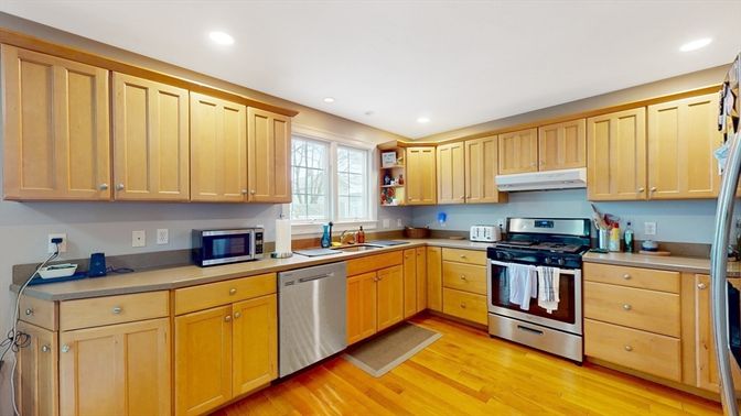 Interior, Kitchen, Recessed Lighting, Stainless Steel Appliances, Wood Texture Flooring