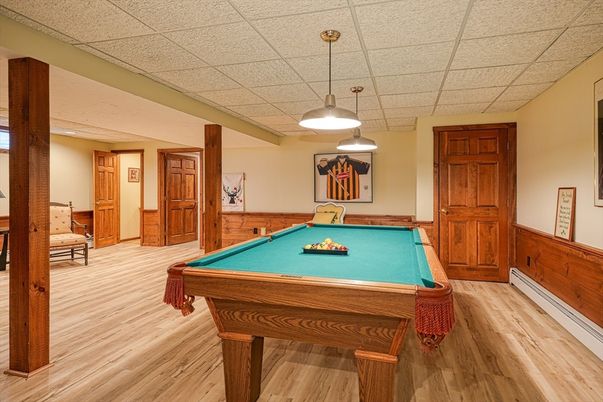 Billiard Table, Game Room, Interior, Pendant Lights, Wood Texture Flooring