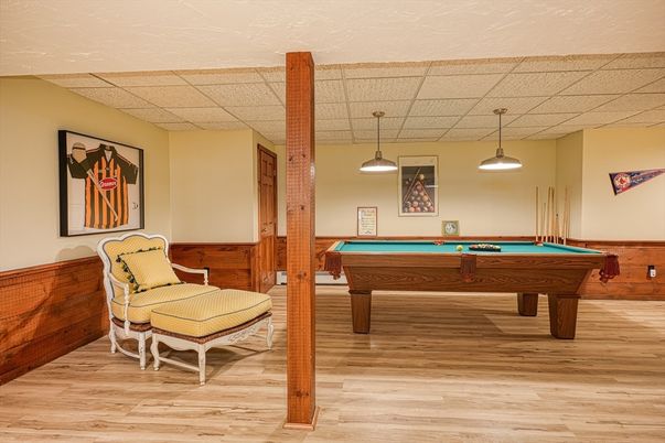 Billiard Table, Game Room, Interior, Pendant Lights, Wood Texture Flooring